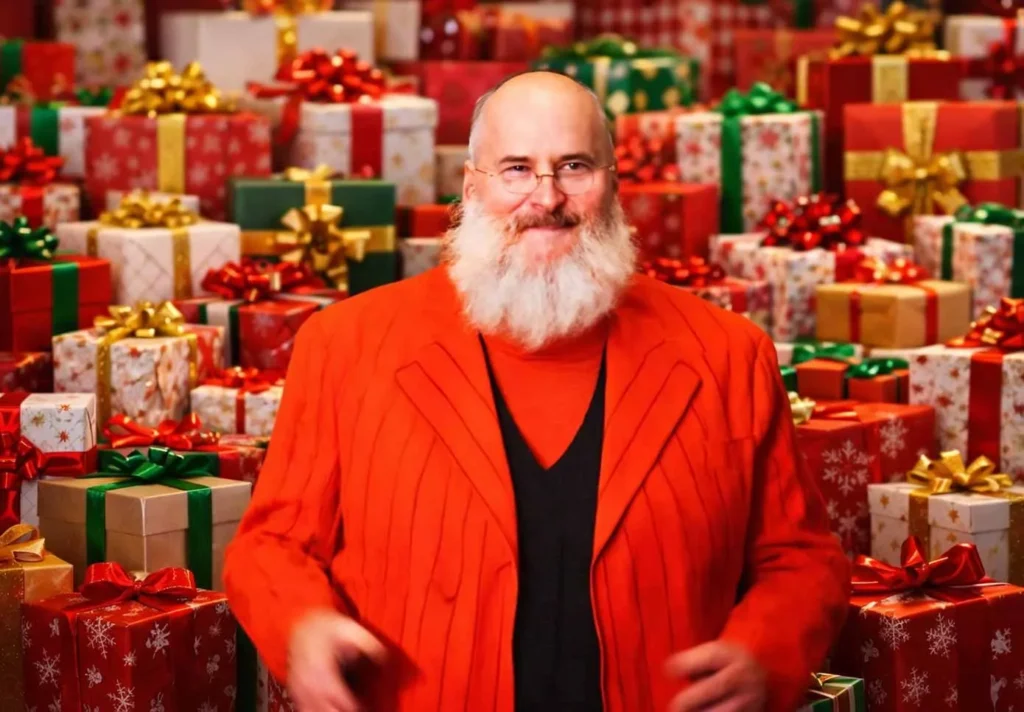 Mark Klaus with lot of gifts