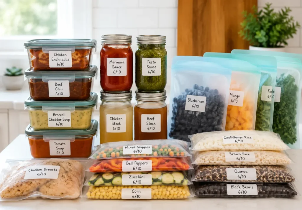 Various freezer-safe containers including glass containers, mason jars, silicone bags, and freezer bags
