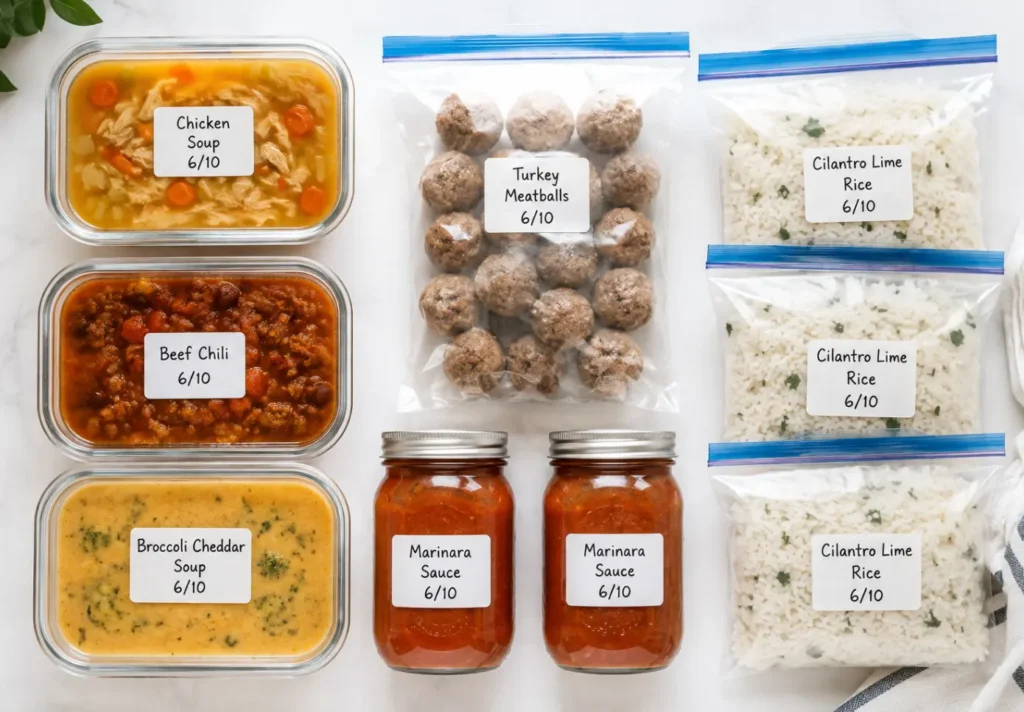Flat lay showing freezer-friendly foods including soup, meatballs, rice, and sauces in labeled containers