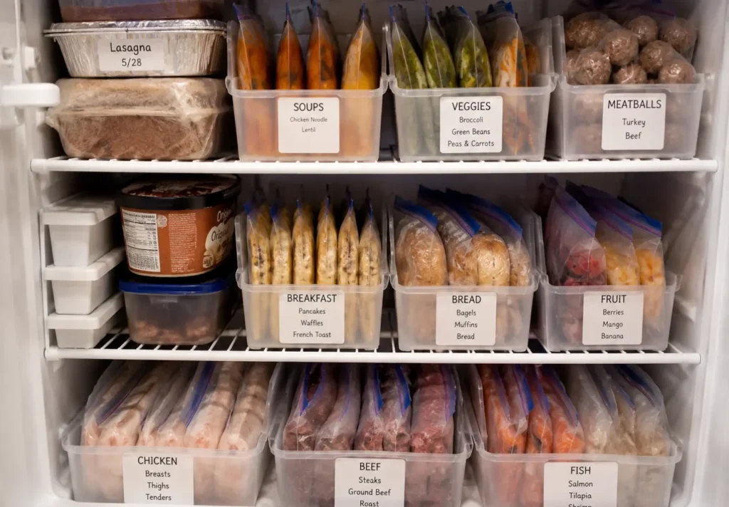 An organized freezer with labeled bins sorted by food category showing soups, proteins, and breakfast items