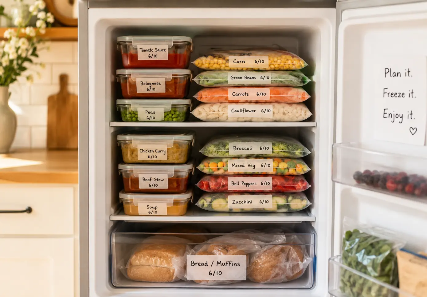 An organized freezer filled with labeled glass containers and freezer bags of prepped meals