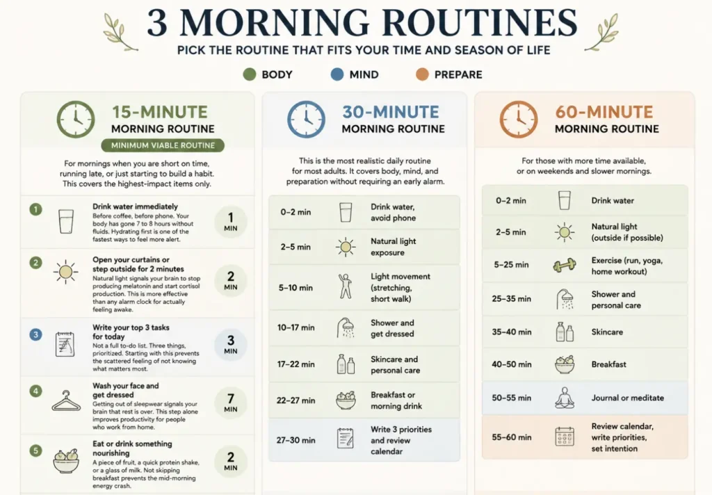 side-by-side comparison of 15 min / 30 min / 60 min routines
